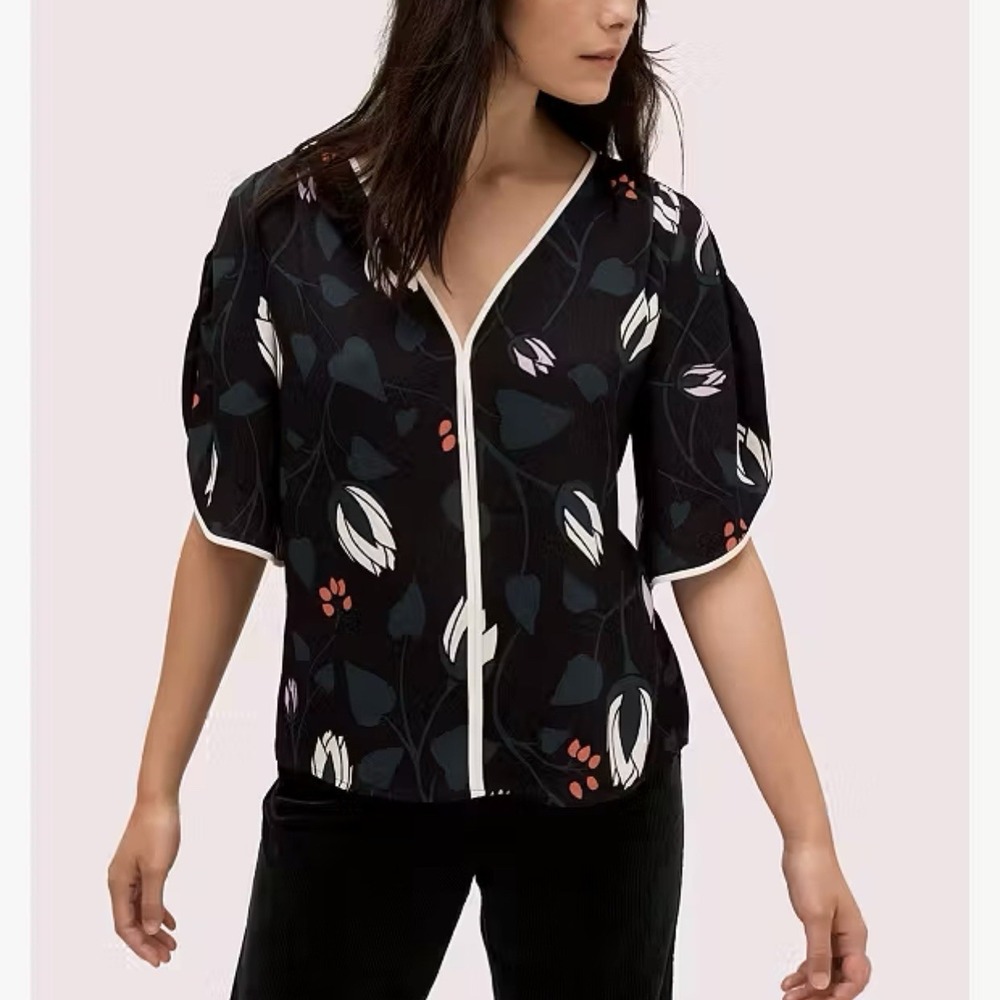 Kate Spade Deco Bloom Crepe Blouse Black Floral Print V Neck Elegant XS